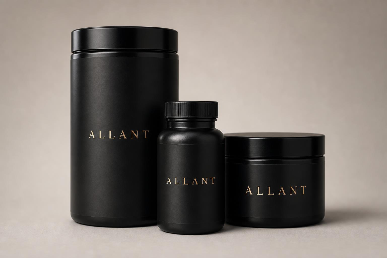 Matte black Allant supplement containers lit by warm studio light